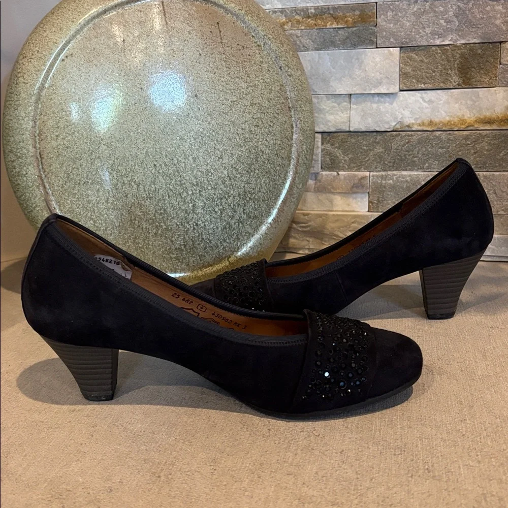 Gabor European Black Crystal Embellished Suede Pumps